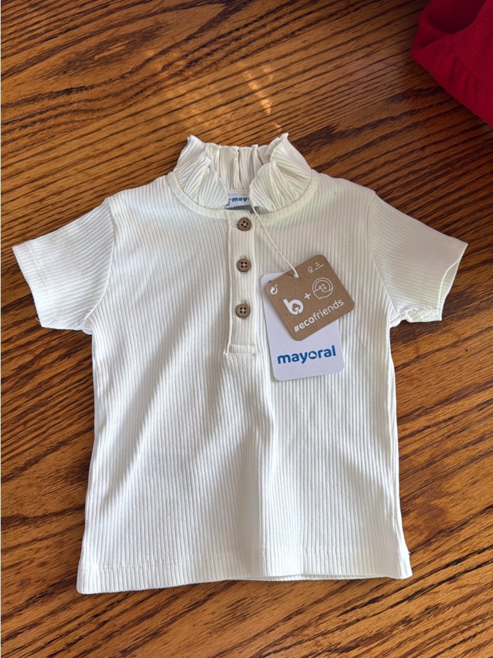 Mayoral Cream Ribbed Short Sleeve Top with Ruffle Neck and Button Placket 12m